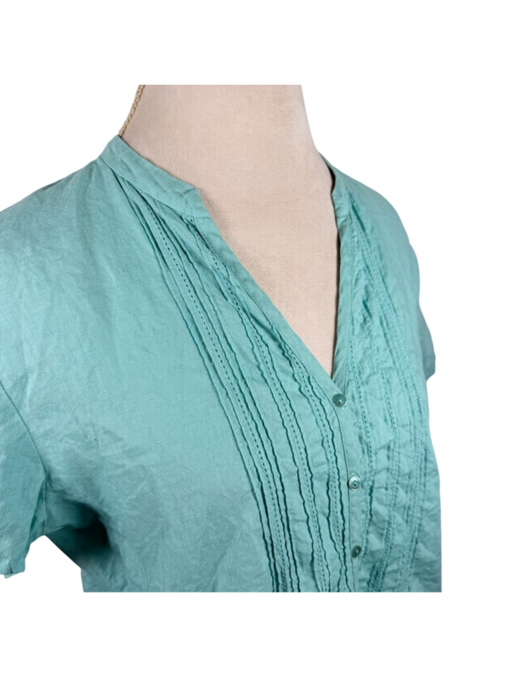 Eileen Fisher System Irish Linen Top Turquoise Pin Tuck Blouse Relaxed Size L - Picture 9 of 10